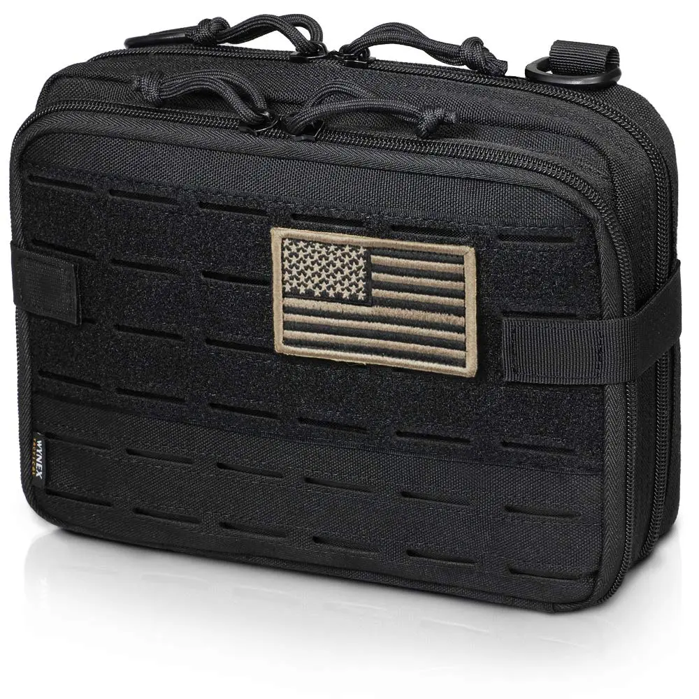 WYNEX Tactical Molle Admin Pouch of Laser Cut Design Utility Pouches Molle Attachment Military Medical EMT Organizer with Map Pocket EDC EMT Pack IFAK Tool Holder Universal U.S.A Patch Included Black