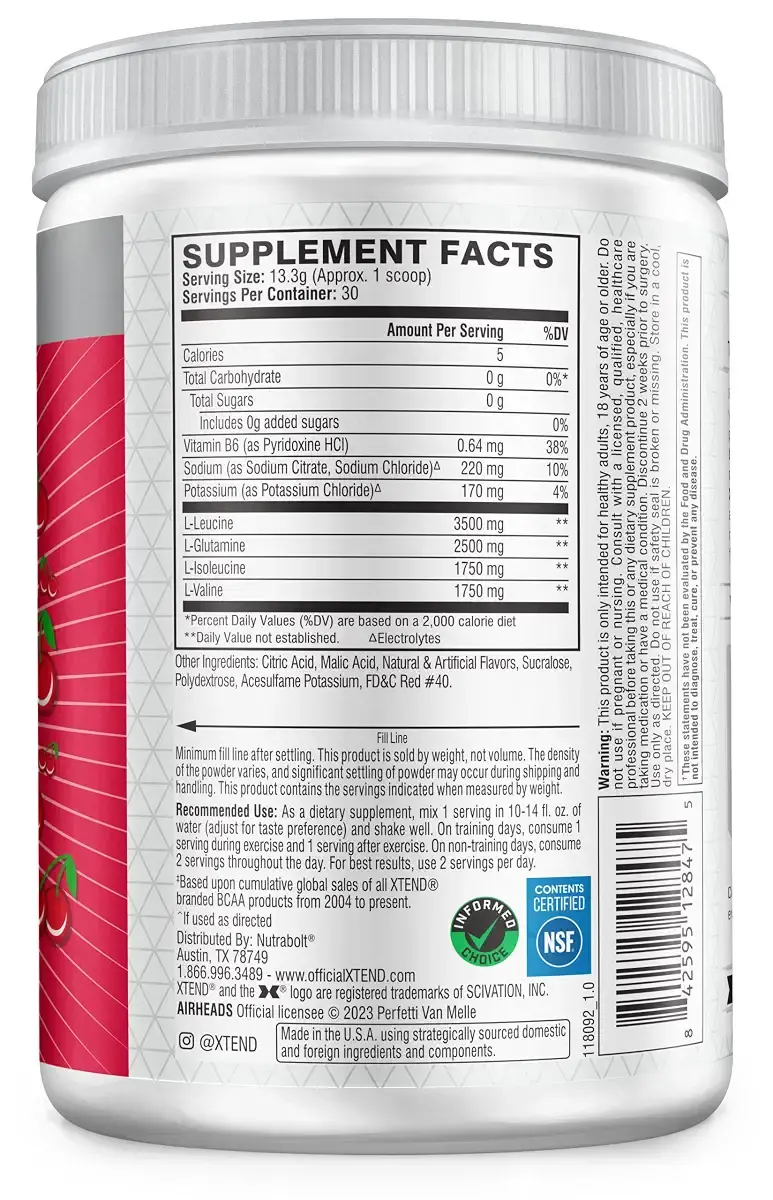 XTEND Original BCAA Powder Airheads Cherry | ZERO CARB ZERO SUGAR - Post Workout Muscle — 7 g