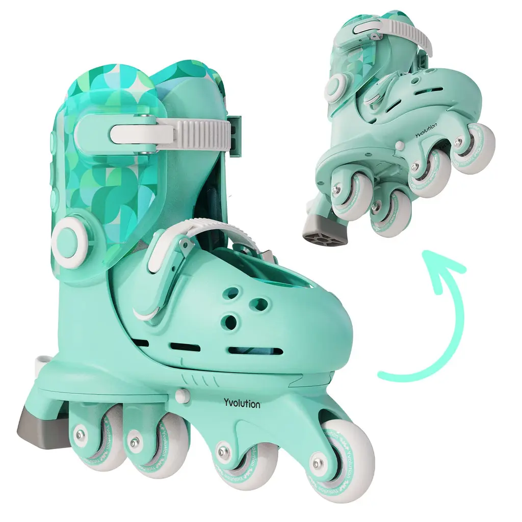 Yvolution Twista Skates Learner Training Skates for Beginner, 2 in 1 Adjustable Roller Skates, Converts from Tri-Wheel to Inline Skates, No Tool Needed for Girls Boys 2+ Years Old, US Size 7-11 Green